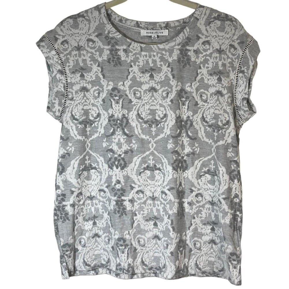 Rose + olive short sleeve shirt floral lace shoulder rayon gray size medium READ